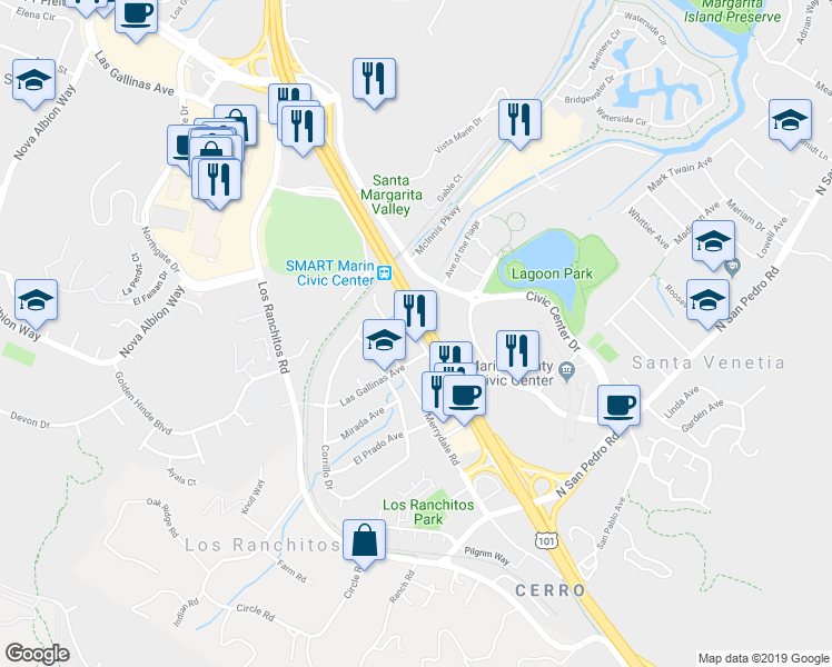 map of restaurants, bars, coffee shops, grocery stores, and more near 3833 Redwood Frontage Road in San Rafael