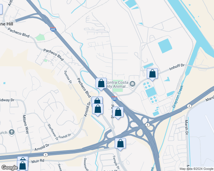 map of restaurants, bars, coffee shops, grocery stores, and more near 4800 Blum Road in Martinez