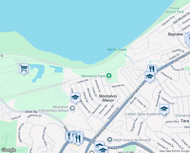 map of restaurants, bars, coffee shops, grocery stores, and more near 1443 Lettia Road in San Pablo