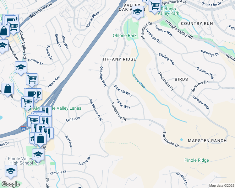 map of restaurants, bars, coffee shops, grocery stores, and more near 127 Agate Way in Hercules