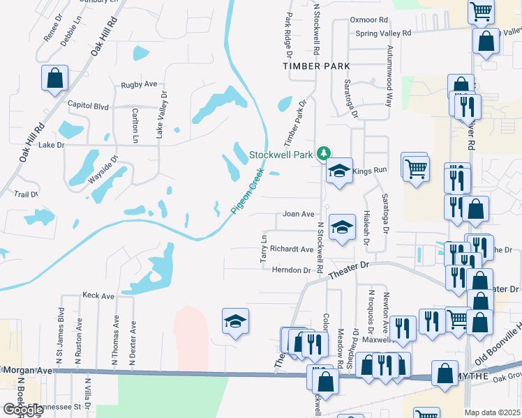 map of restaurants, bars, coffee shops, grocery stores, and more near 3600 Joan Avenue in Evansville