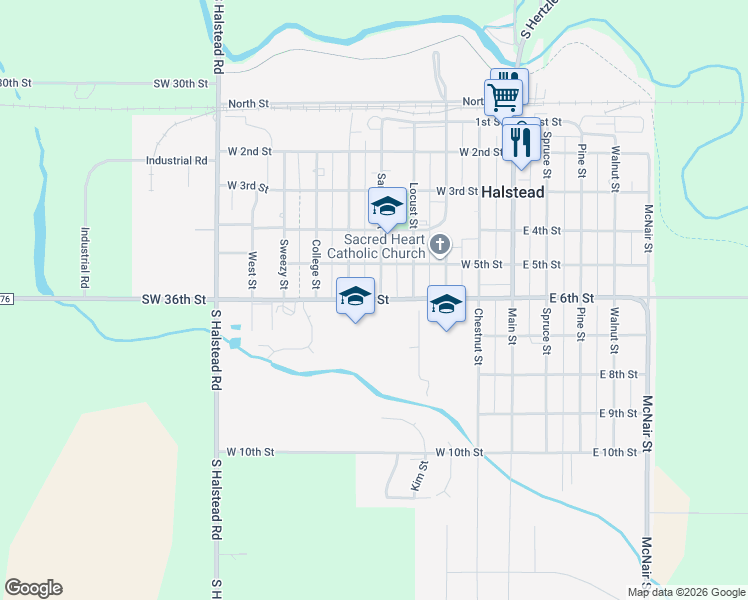 map of restaurants, bars, coffee shops, grocery stores, and more near 521 West 6th Street in Halstead