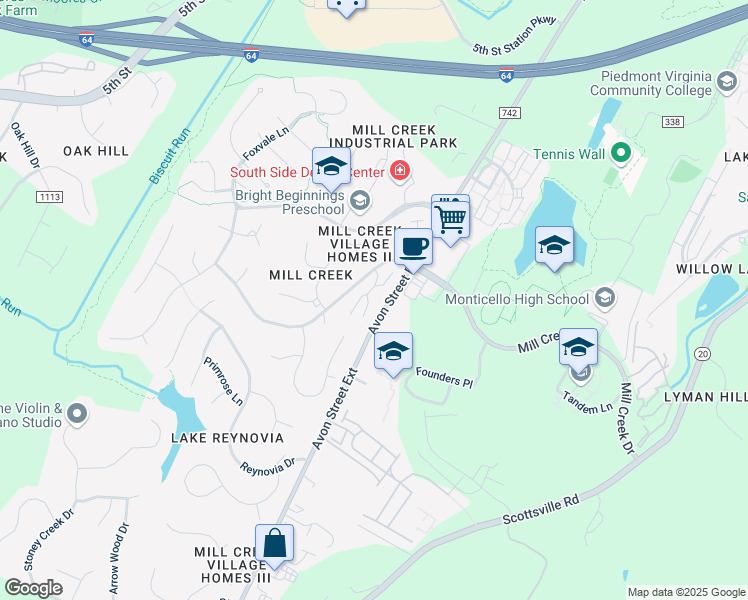 map of restaurants, bars, coffee shops, grocery stores, and more near 31 Creekside Circle in Charlottesville