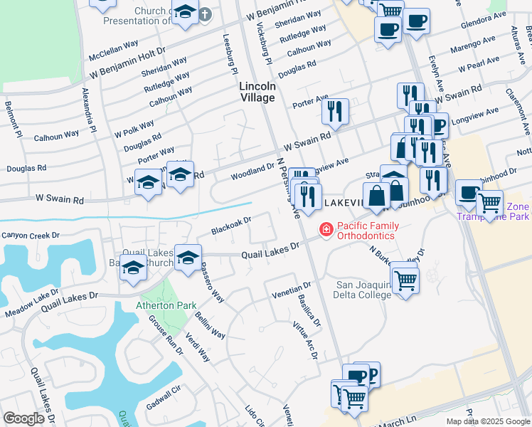 map of restaurants, bars, coffee shops, grocery stores, and more near 1503 Blackoak Drive in Stockton