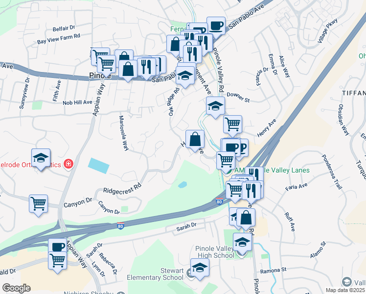 map of restaurants, bars, coffee shops, grocery stores, and more near 1300 Black Oak Court in Pinole