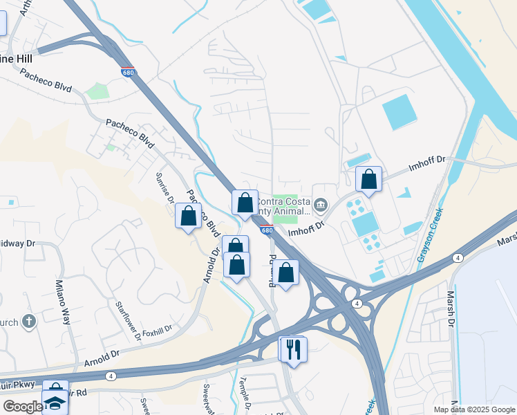 map of restaurants, bars, coffee shops, grocery stores, and more near 4800 Blum Road in Martinez