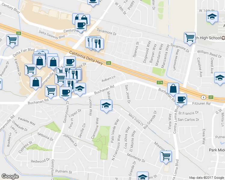 map of restaurants, bars, coffee shops, grocery stores, and more near 2793 Barcelona Circle in Antioch