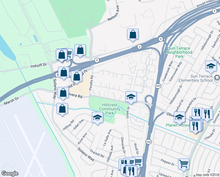 map of restaurants, bars, coffee shops, grocery stores, and more near 2067 Dalis Dr in Concord