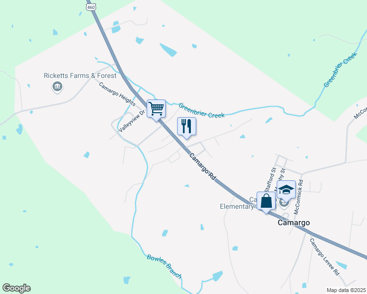map of restaurants, bars, coffee shops, grocery stores, and more near 4307 Camargo Road in Mount Sterling