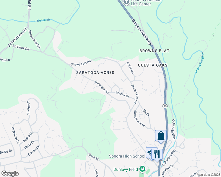 map of restaurants, bars, coffee shops, grocery stores, and more near 240 North Reservoir Road in Sonora