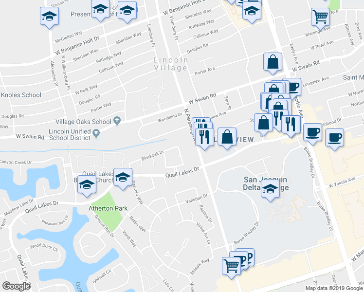 map of restaurants, bars, coffee shops, grocery stores, and more near 1582 Silver Creek Circle in Stockton
