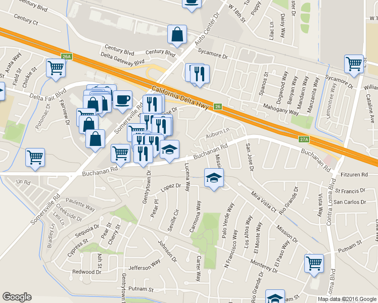 map of restaurants, bars, coffee shops, grocery stores, and more near 2606 Hampton Lane in Antioch