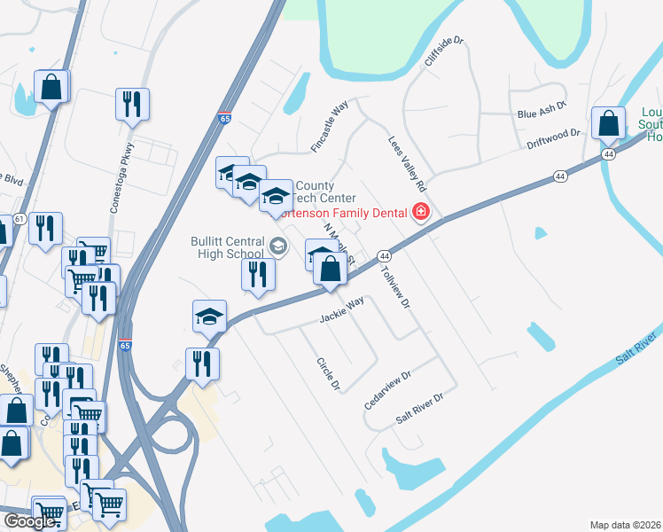 map of restaurants, bars, coffee shops, grocery stores, and more near 142 North Oak Street in Shepherdsville