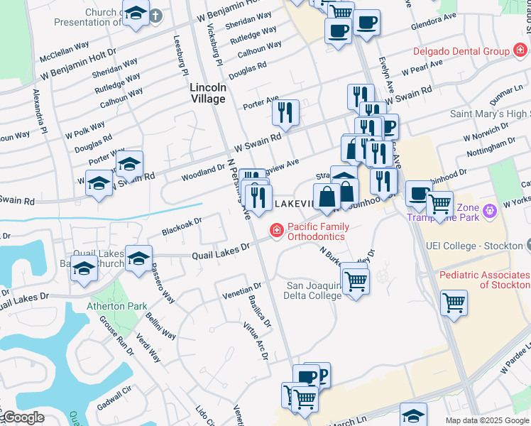 map of restaurants, bars, coffee shops, grocery stores, and more near 1350 Buckingham Way in Stockton