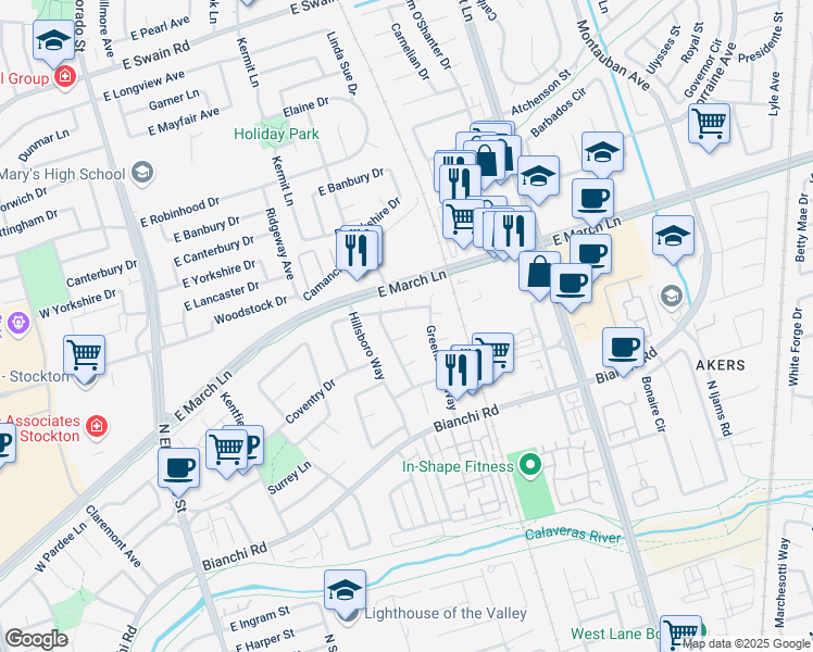 map of restaurants, bars, coffee shops, grocery stores, and more near 819 Birmingham Court in Stockton