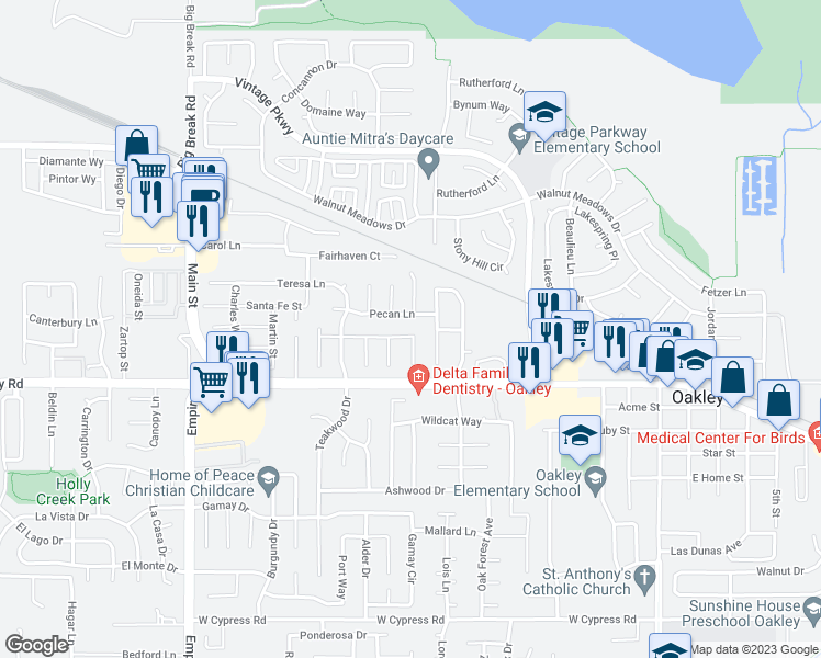 map of restaurants, bars, coffee shops, grocery stores, and more near 1628 Fernwood Drive in Oakley