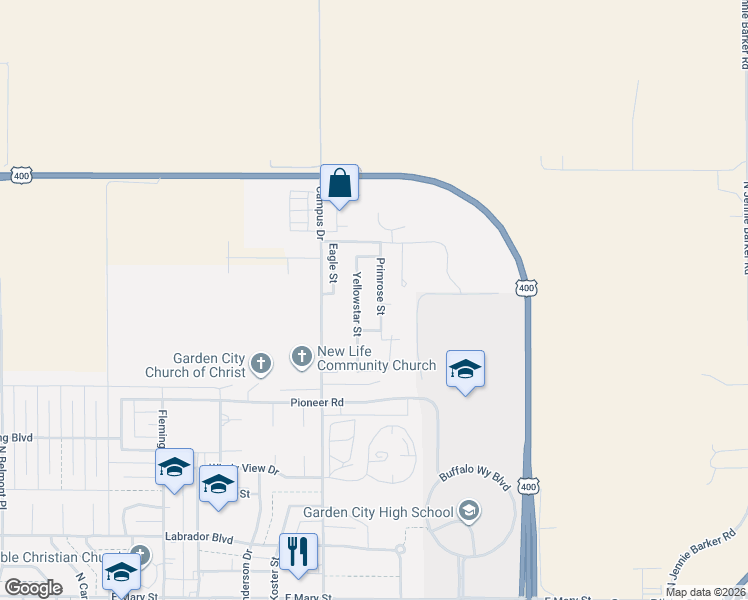 map of restaurants, bars, coffee shops, grocery stores, and more near 3301 Primrose Street in Garden City