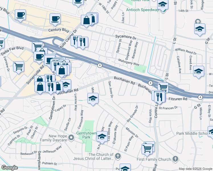 map of restaurants, bars, coffee shops, grocery stores, and more near 2713 Barcelona Circle in Antioch