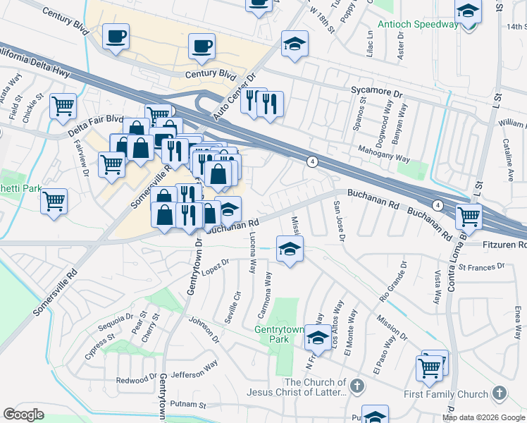 map of restaurants, bars, coffee shops, grocery stores, and more near 2606 Hampton Lane in Antioch