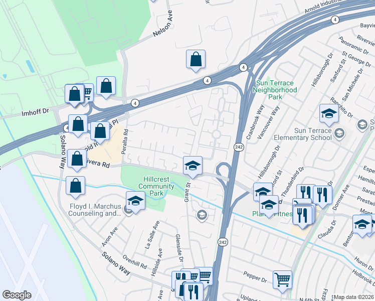 map of restaurants, bars, coffee shops, grocery stores, and more near 2149 Dalis Drive in Concord