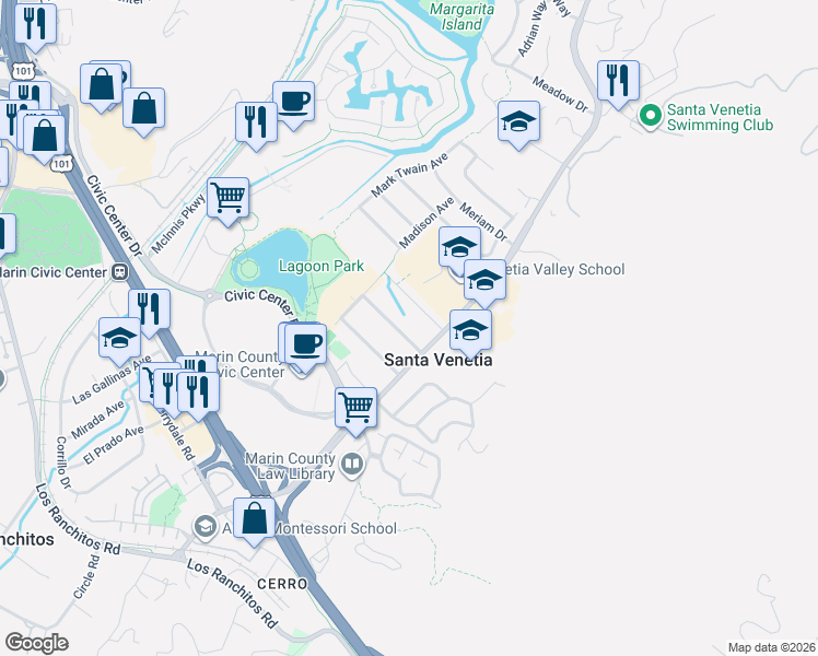 map of restaurants, bars, coffee shops, grocery stores, and more near 7 Roosevelt Avenue in San Rafael