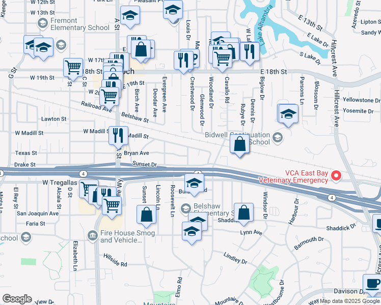map of restaurants, bars, coffee shops, grocery stores, and more near 2302 Beasley Avenue in Antioch