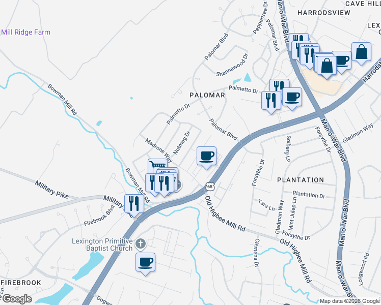 map of restaurants, bars, coffee shops, grocery stores, and more near 2117 Mangrove Drive in Lexington
