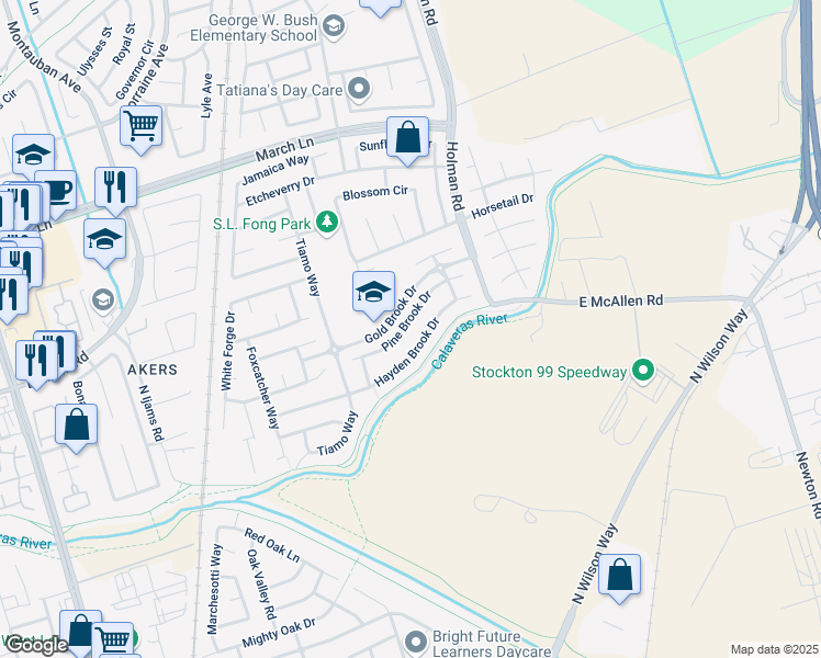 map of restaurants, bars, coffee shops, grocery stores, and more near 2570 Pine Brook Drive in Stockton