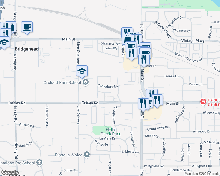 map of restaurants, bars, coffee shops, grocery stores, and more near 5121 Ventnor Lane in Oakley