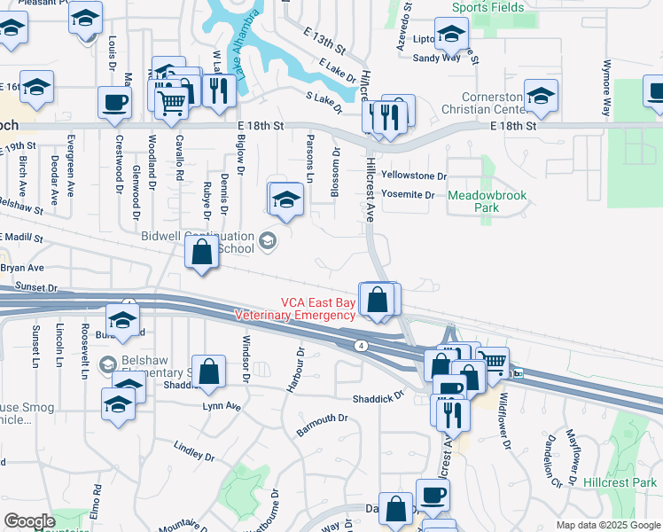 map of restaurants, bars, coffee shops, grocery stores, and more near 2274 Renwick Lane in Antioch