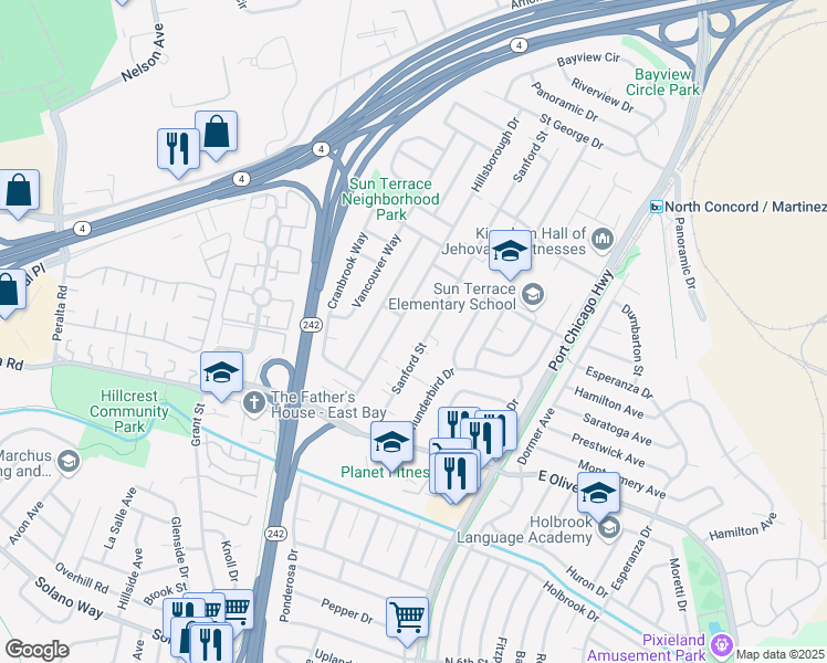 map of restaurants, bars, coffee shops, grocery stores, and more near 3506 Sanford Street in Concord