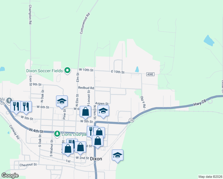 map of restaurants, bars, coffee shops, grocery stores, and more near 307 Lang Street in Dixon