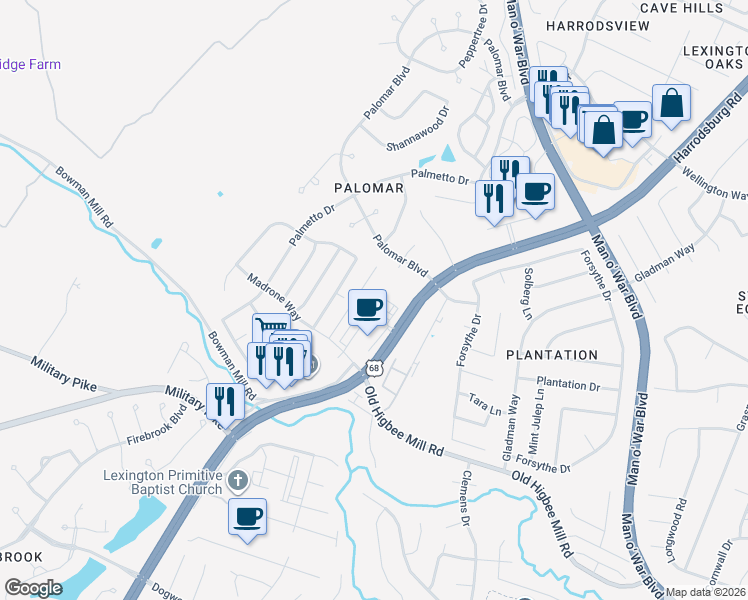 map of restaurants, bars, coffee shops, grocery stores, and more near 4234 Harrodsburg Road in Lexington