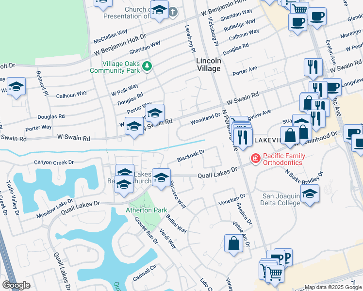 map of restaurants, bars, coffee shops, grocery stores, and more near 1672 West Longview Avenue in Stockton