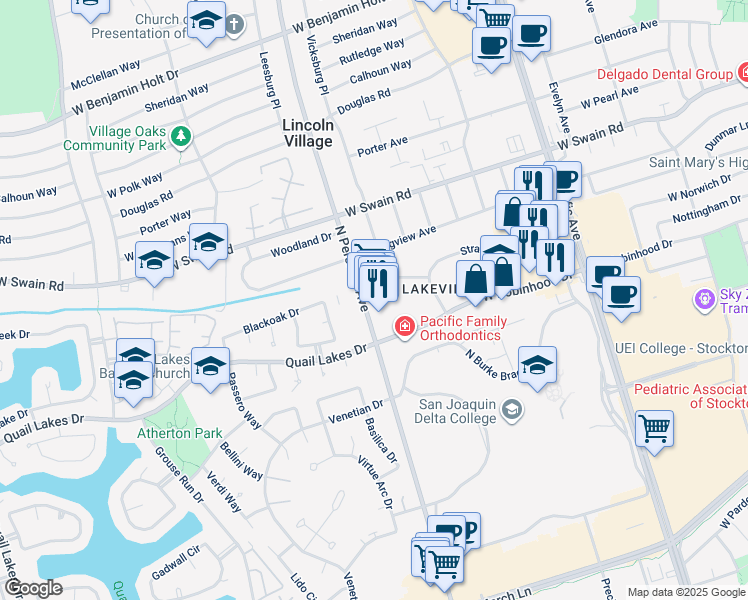 map of restaurants, bars, coffee shops, grocery stores, and more near 5648 North Pershing Avenue in Stockton