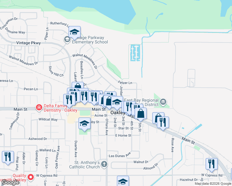 map of restaurants, bars, coffee shops, grocery stores, and more near 509 Soda Rock Place in Oakley