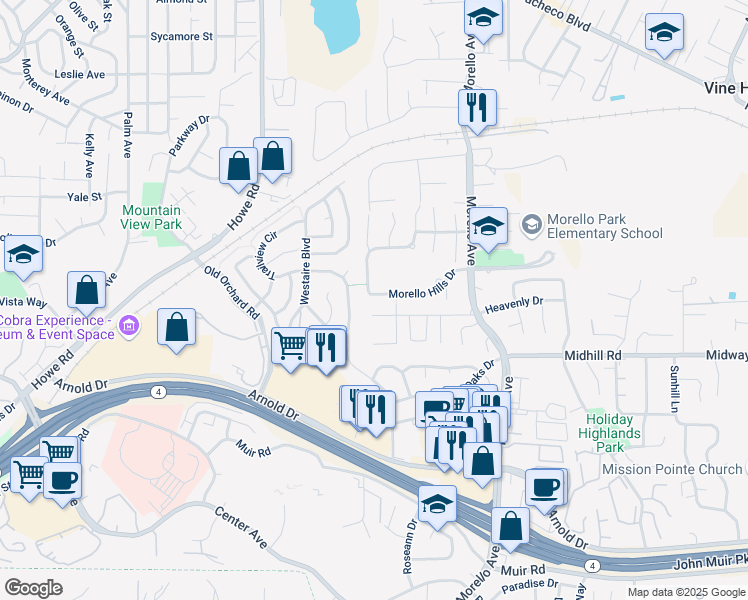 map of restaurants, bars, coffee shops, grocery stores, and more near 905 Morello Hills Drive in Martinez