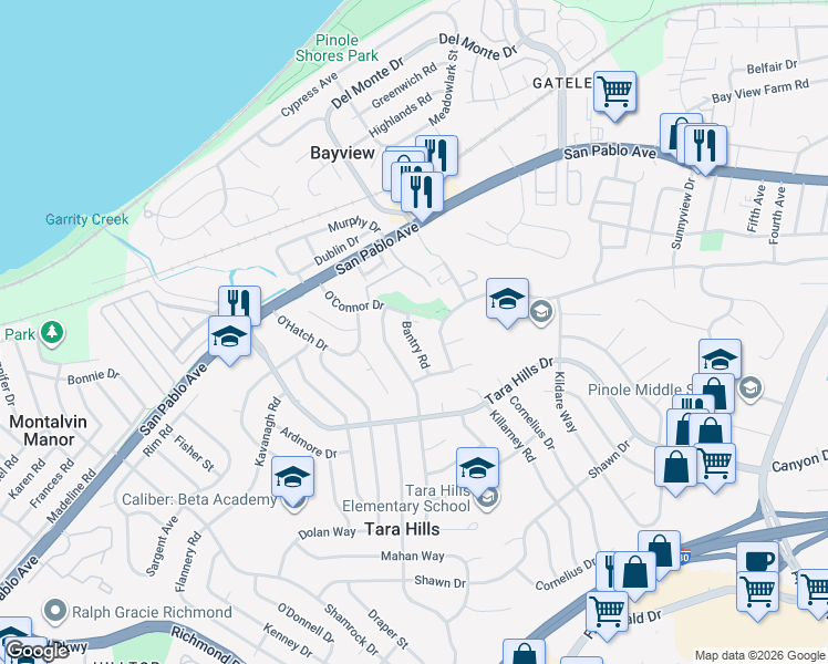 map of restaurants, bars, coffee shops, grocery stores, and more near 517 Bantry Road in Pinole