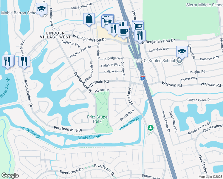 map of restaurants, bars, coffee shops, grocery stores, and more near 6049 Carolina Cir in Stockton