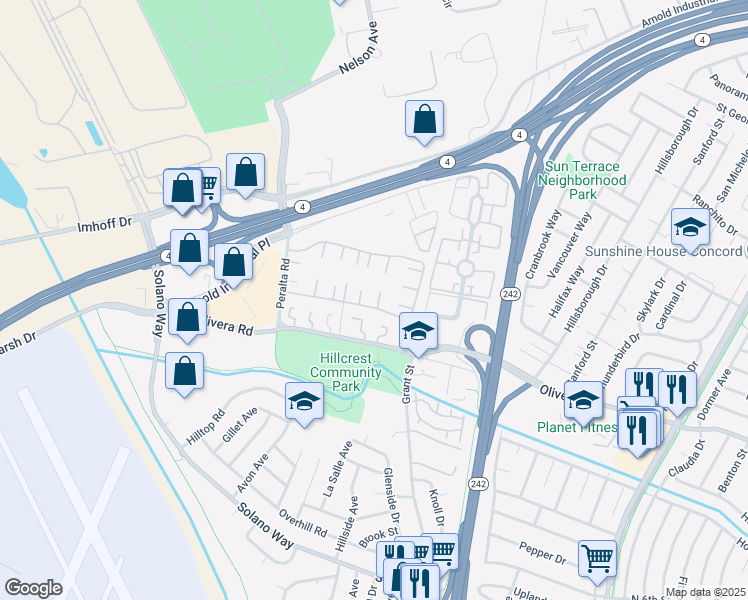map of restaurants, bars, coffee shops, grocery stores, and more near 2097 Dalis Drive in Concord