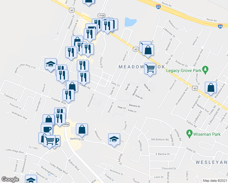 map of restaurants, bars, coffee shops, grocery stores, and more near 1214 Dale Drive in Winchester