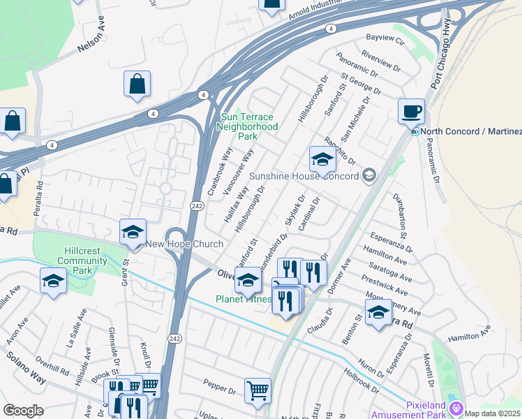 map of restaurants, bars, coffee shops, grocery stores, and more near 3506 Sanford Street in Concord