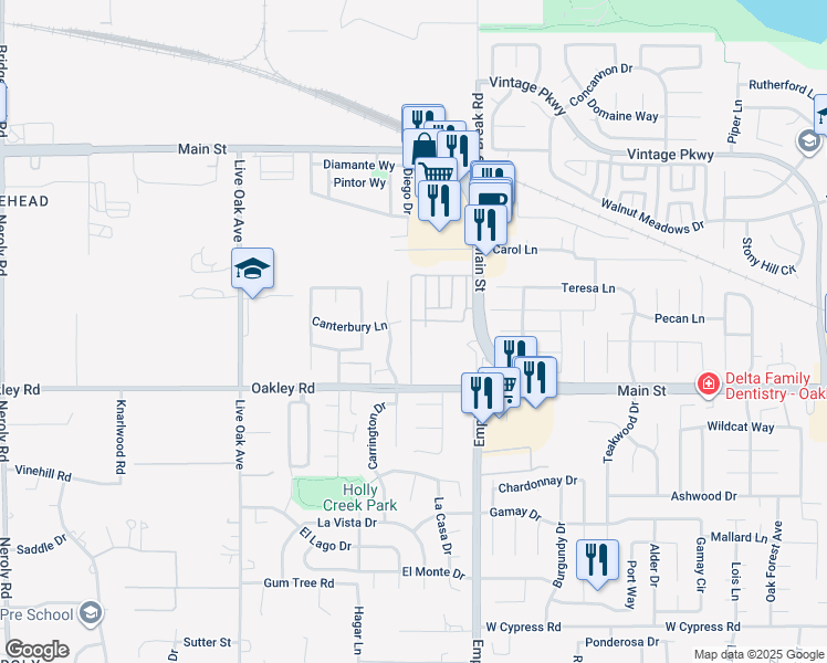 map of restaurants, bars, coffee shops, grocery stores, and more near 114 Zartop Street in Oakley