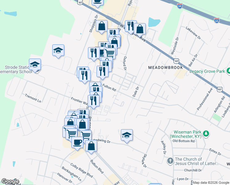 map of restaurants, bars, coffee shops, grocery stores, and more near 1318 Fulton Road in Winchester
