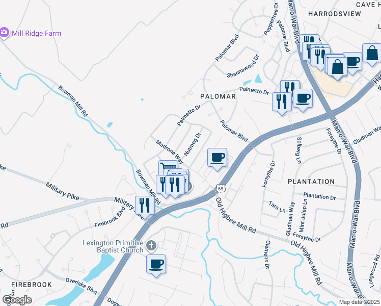 map of restaurants, bars, coffee shops, grocery stores, and more near 4236 Nutmeg Dr in Lexington