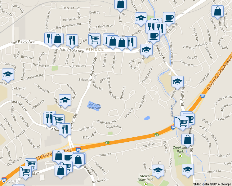 map of restaurants, bars, coffee shops, grocery stores, and more near 1223 Marionola Way in Pinole