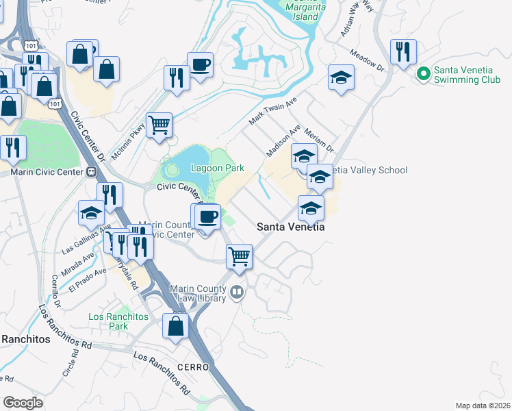 map of restaurants, bars, coffee shops, grocery stores, and more near 21 Washington Avenue in San Rafael