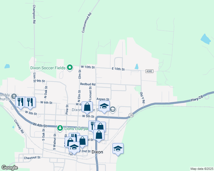 map of restaurants, bars, coffee shops, grocery stores, and more near 106 East Barnett Street in Dixon