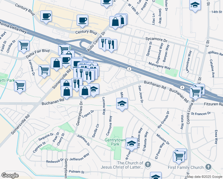 map of restaurants, bars, coffee shops, grocery stores, and more near 2602 Princeton Lane in Antioch