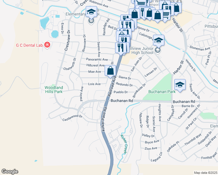 map of restaurants, bars, coffee shops, grocery stores, and more near 4150 Railroad Avenue in Pittsburg